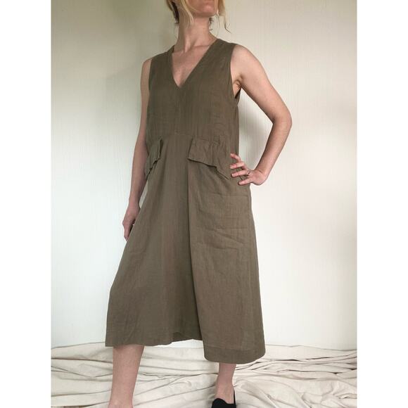 SUGAR CANDY MOUNTAIN Slouched Sleeveless Taupe Green Linen Dress Oversized US XS - Picture 4 of 13